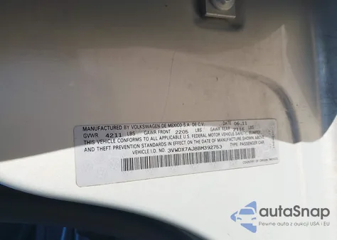 2011 Volkswagen Jetta 2.5L Se z USA, uszkodzony, nr VIN 3VWDX7AJ8BM392753